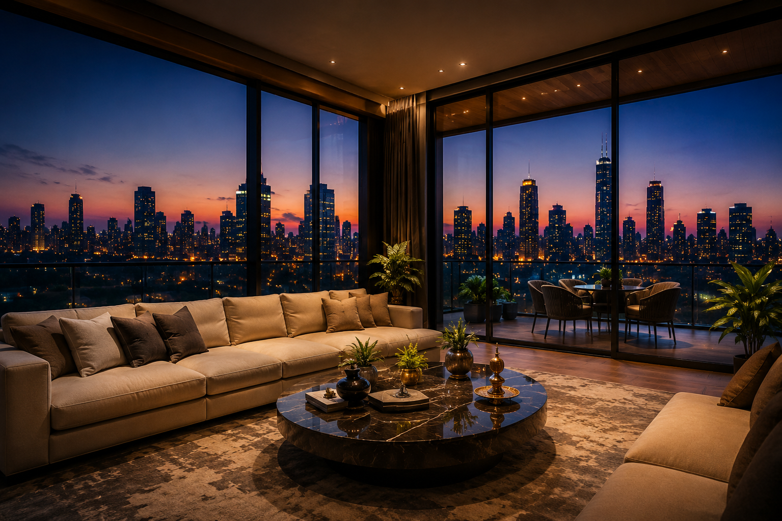 Luxury apartment living room with skyline view at dusk